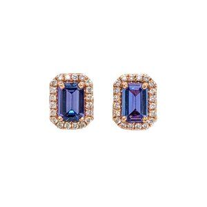 Tanzanite Stud Earrings in Solid 14K Rose Gold with Natural Diamond Halo